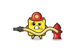 desenho de esponja como mascote do bombeiro com mangueira de água vetor