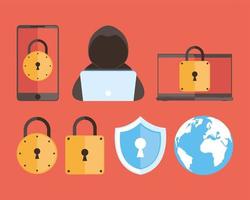 sete ícones de segurança cibernética vetor