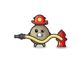 desenho animado saco de dinheiro como mascote do bombeiro com mangueira de água vetor