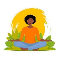 mulher africana meditando sobre a natureza deixa o fundo. ioga, esporte, recreação, conceito de relaxamento. ilustração vetorial em estilo simples vetor
