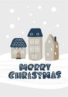 Feliz Natal vetor letras caligráficas texto escandinavo mão ilustrações desenhadas vila de neve de inverno com casas. cartão de felicitações para o natal e feliz ano novo