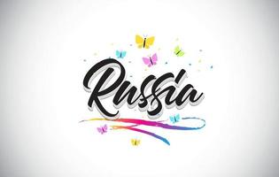 Rússia texto de palavra de vetor manuscrito com borboletas e swoosh colorido.