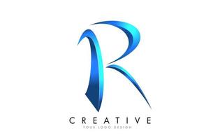 logotipo da letra r criativo com traços brilhantes 3d azuis. vetor de ícone azul swoosh.