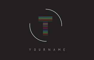 Design do logotipo da letra t com linhas brilhantes e arrojadas do arco-íris e moldura arredondada. vetor