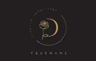 logotipo da letra d inicial criativo dourado com círculo de letras e rosa desenhada de mão. elemento floral e letra elegante d. vetor