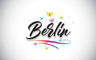 texto de palavra vetorial escrito à mão em Berlim com borboletas e swoosh colorido. vetor