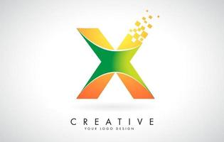 design do logotipo da letra x em cores brilhantes, com pequenos blocos quebrados em fundo branco. vetor