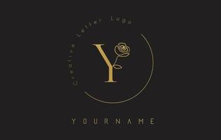 logotipo dourado da letra y inicial criativa com círculo de letras e rosa desenhada de mão. elemento floral e elegante letra y. vetor