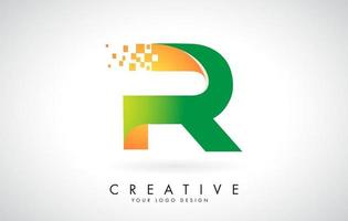 letra r logotipo design em cores brilhantes, com pequenos blocos quebrados em fundo branco. vetor