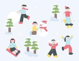 em um dia de neve, as pessoas estão fazendo bonecos de neve, andando de trenó e esquiando. vetor