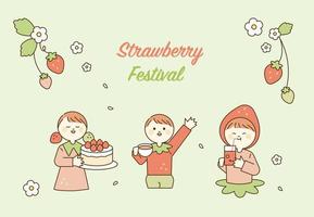 pôster do festival de morango. personagens fofinhos segurando sobremesa de morango. delinear ilustração vetorial simples. vetor