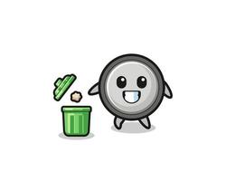 ilustração da célula-botão jogando lixo na lata de lixo vetor