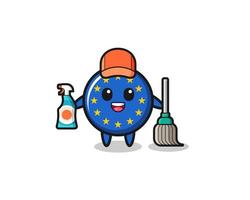 personagem bonito da bandeira do euro como mascote de serviços de limpeza vetor