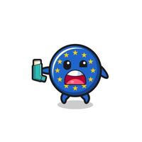 mascote da bandeira do euro tendo asma enquanto segura o inalador vetor