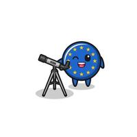 Mascote do astrônomo da bandeira do euro com um telescópio moderno vetor