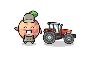 o mascote do agricultor de frutas pluot parado ao lado de um trator vetor