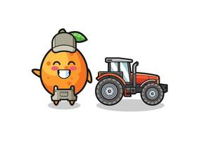 o mascote do fazendeiro kumquat em pé ao lado de um trator vetor