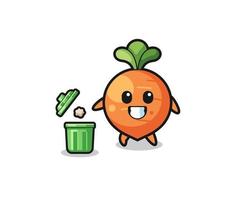 ilustração da cenoura jogando lixo na lata de lixo vetor