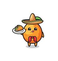 mascote do chef mexicano kumquat segurando um taco vetor