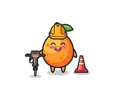 trabalhador rodoviário mascote de kumquat segurando máquina de perfuração vetor