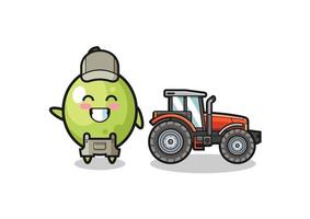 o mascote do agricultor de azeitonas parado ao lado de um trator vetor