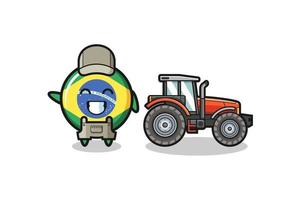 o mascote do fazendeiro com a bandeira do Brasil em pé ao lado de um trator vetor