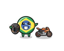 desenho fofo da bandeira do brasil como piloto de moto vetor