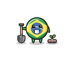 desenho bonito da bandeira do brasil está plantando uma semente de árvore vetor