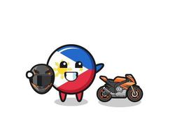 Fofo desenho da bandeira das Filipinas como um piloto de motocicleta vetor