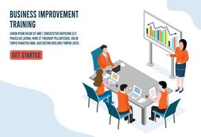 isométrica empresária lidera e apresenta empresários para treinamento de plano de negócios e metas vetor
