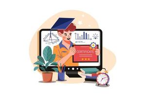 cara com um certificado após o conceito de ilustração de escola online. ilustração plana isolada no fundo branco. vetor