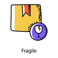 um pacote frágil pacote quebrável no ícone do doodle vetor