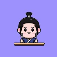 ícone dos desenhos animados do mascote do menino samurai fofo. ilustração do personagem mascote kawaii para adesivo, pôster, animação, livro infantil ou outro produto digital e impresso vetor