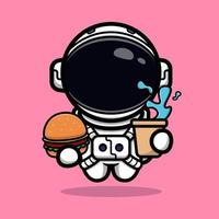 astronauta fofo traz comida no design de mascote espacial vetor