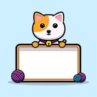 gato fofo segurando mascote dos desenhos animados do quadro de texto em branco vetor