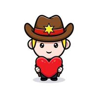 cowboy pequeno fofo segurando uma ilustração do mascote do coração