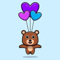 urso fofo flutuando com personagem de desenho animado de balão de coração vetor