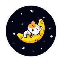 gato fofo dormindo na lua mascote dos desenhos animados vetor