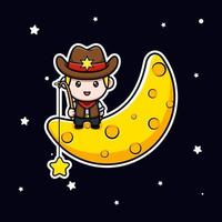 pequeno cowboy fofo cacthing estrela da ilustração do mascote da lua vetor