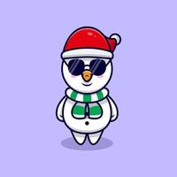 boneco de neve bonito usando óculos mascote ilustração vetorial dos desenhos animados. vetor