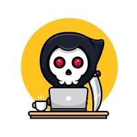 Ceifador trabalhando online em casa. ilustração de mascote fofa vetor