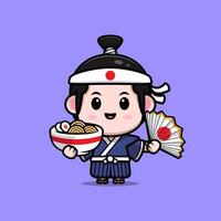 ícone dos desenhos animados do mascote do menino samurai fofo. ilustração do personagem mascote kawaii para adesivo, pôster, animação, livro infantil ou outro produto digital e impresso vetor