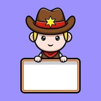 cowboy pequeno fofo segurando uma ilustração do mascote do quadro de texto em branco vetor