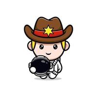 Ilustração do mascote do pequeno cowboy usando terno de astronauta