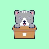 gato bonito em uma ilustração de ícone de vetor de desenhos animados de caixa de papelão. estilo cartoon plana