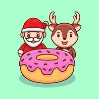 bonito Papai Noel e renas por trás da ilustração em vetor mascote donut dos desenhos animados.