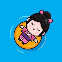 linda garota usando o ícone dos desenhos animados do mascote do quimono. ilustração do personagem mascote kawaii para adesivo, pôster, animação, livro infantil ou outro produto digital e impresso vetor