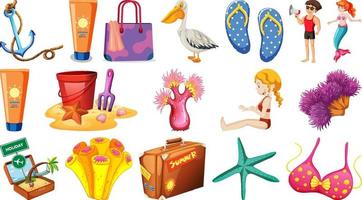 conjunto de objetos de praia de verão e personagens de desenhos animados