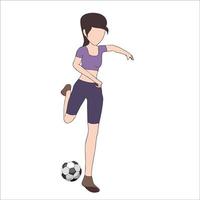 desenho simples de menina jogando futebol ilustrado no fundo branco. vetor