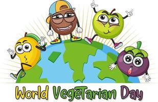 logotipo do dia mundial vegetariano com frutas personagens de desenhos animados vetor